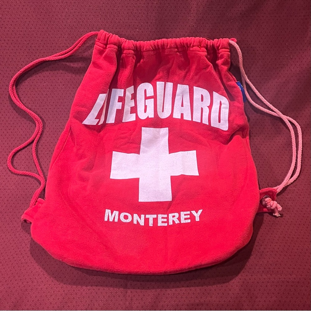 Vintage Red Lifeguard Monterey CA Red Drawstring Backpack